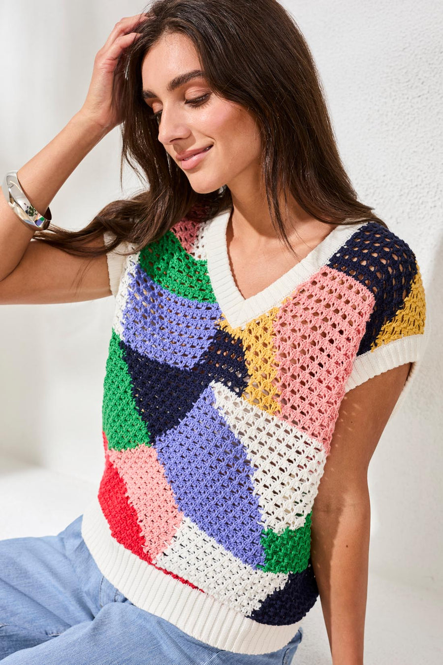 BAJA BLUE PRINT CROCHET V-NECK SWEATER
