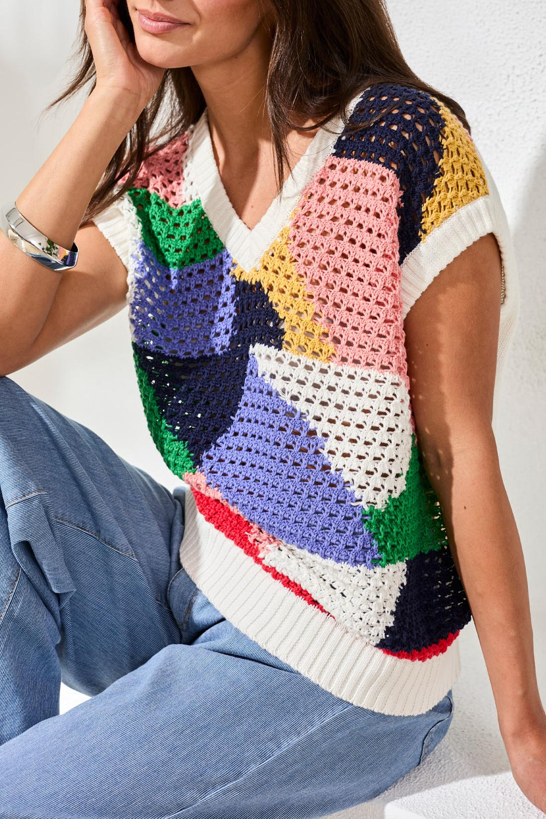 BAJA BLUE PRINT CROCHET V-NECK SWEATER