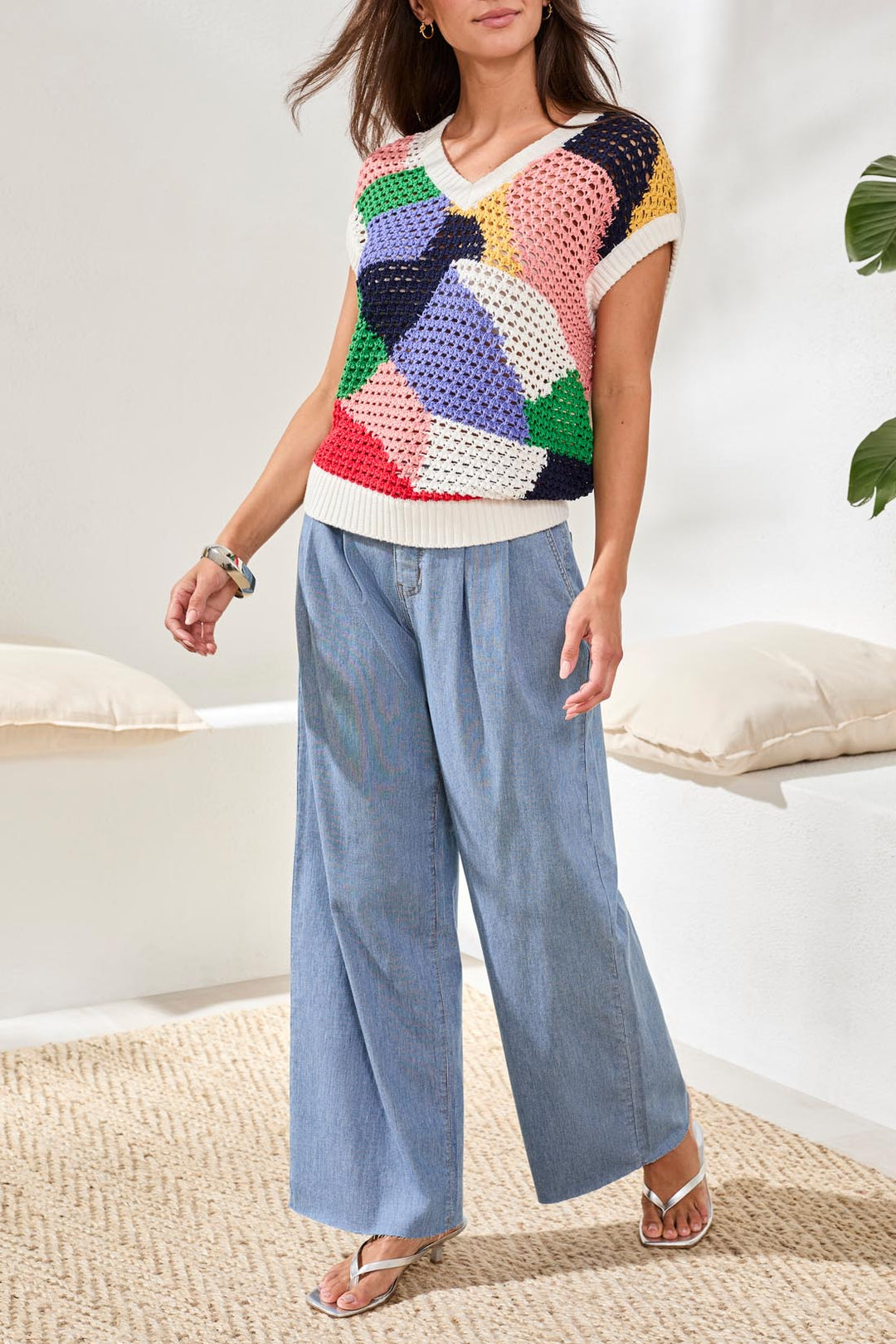 BAJA BLUE PRINT CROCHET V-NECK SWEATER