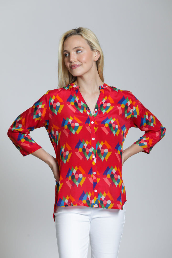 MAKAYLA RED PRINT MANDARIN COLLAR BLOUSE