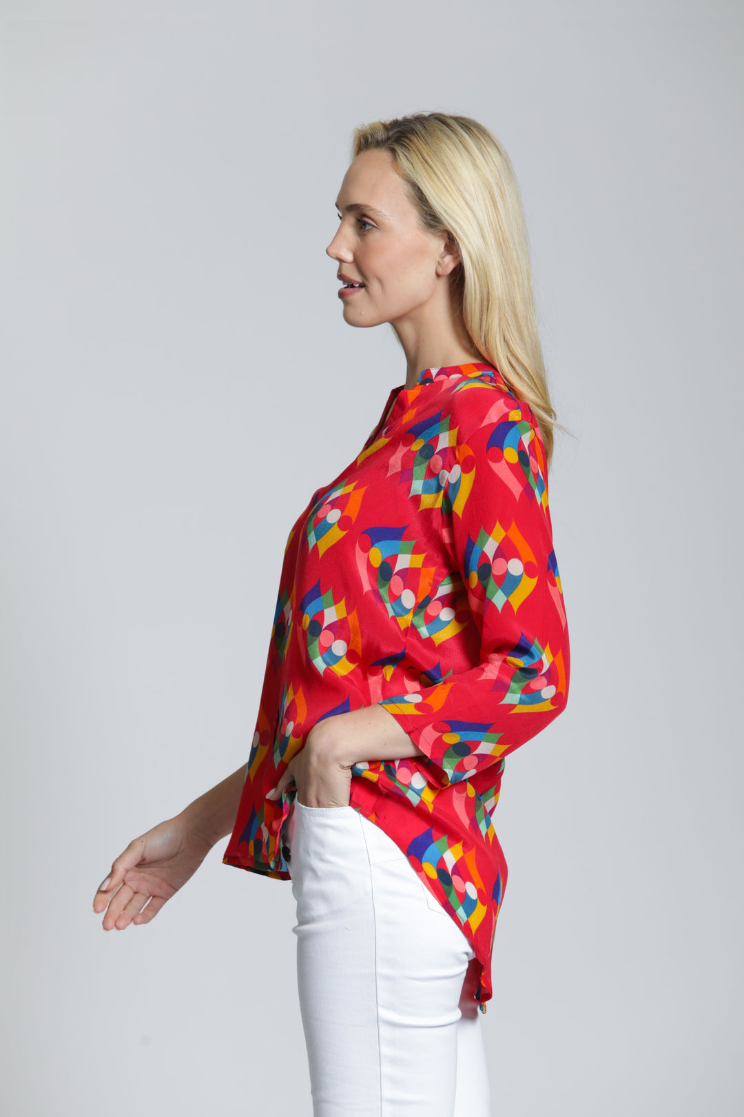MAKAYLA RED PRINT MANDARIN COLLAR BLOUSE