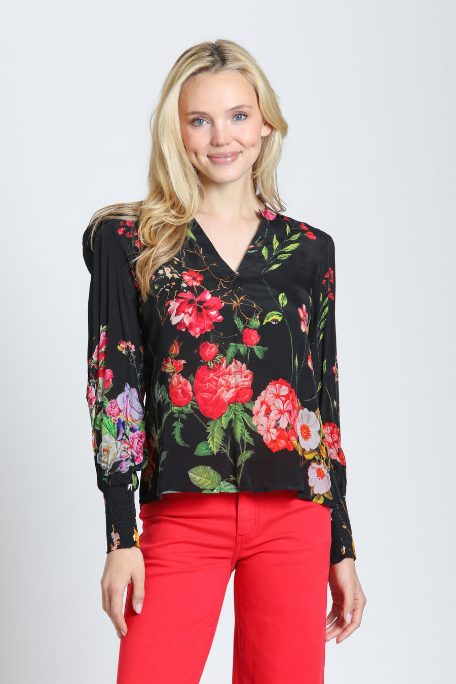 SCARLET MIDNIGHT FLORAL SMOCKED SLEEVE BLOUSE
