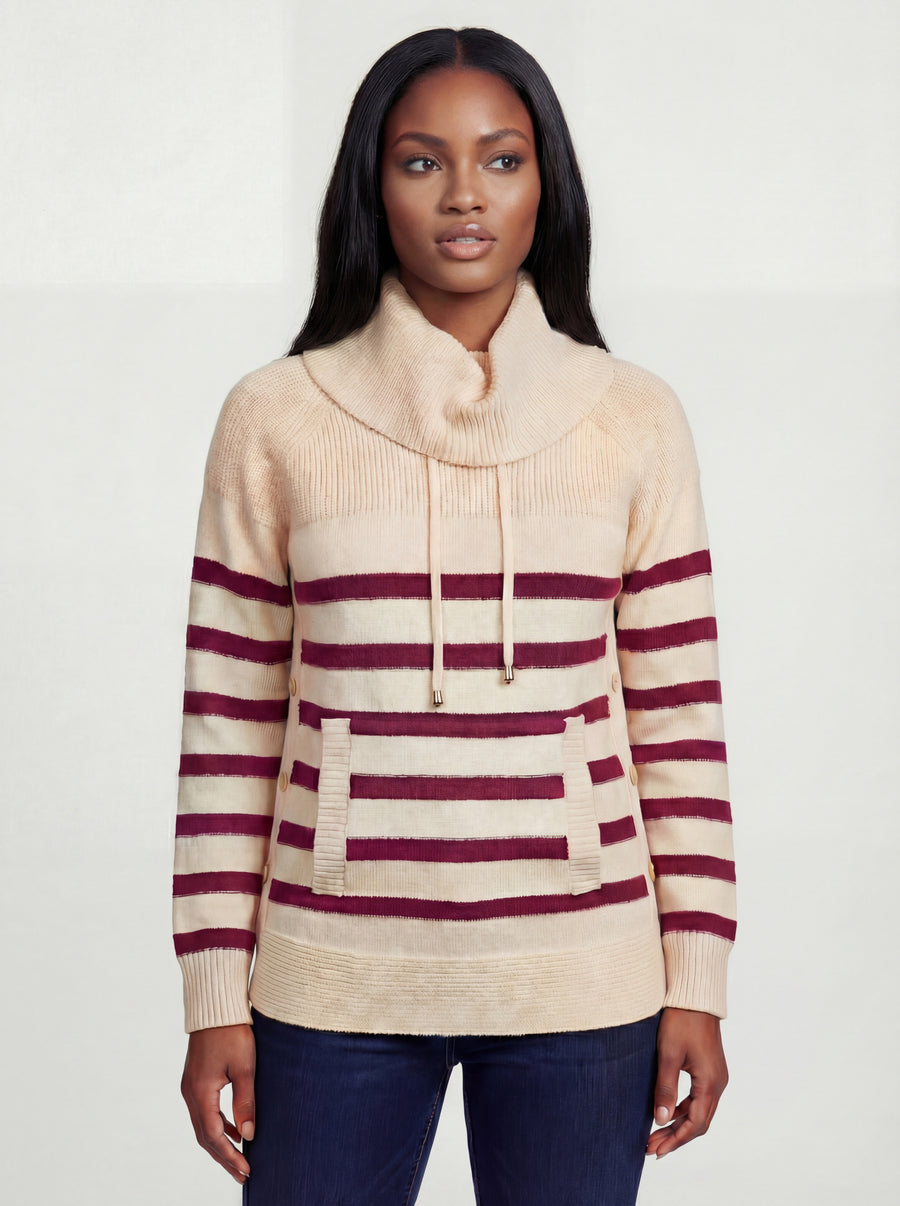 VANILLA & BERRY STRIPE COWL NECK SWEATER
