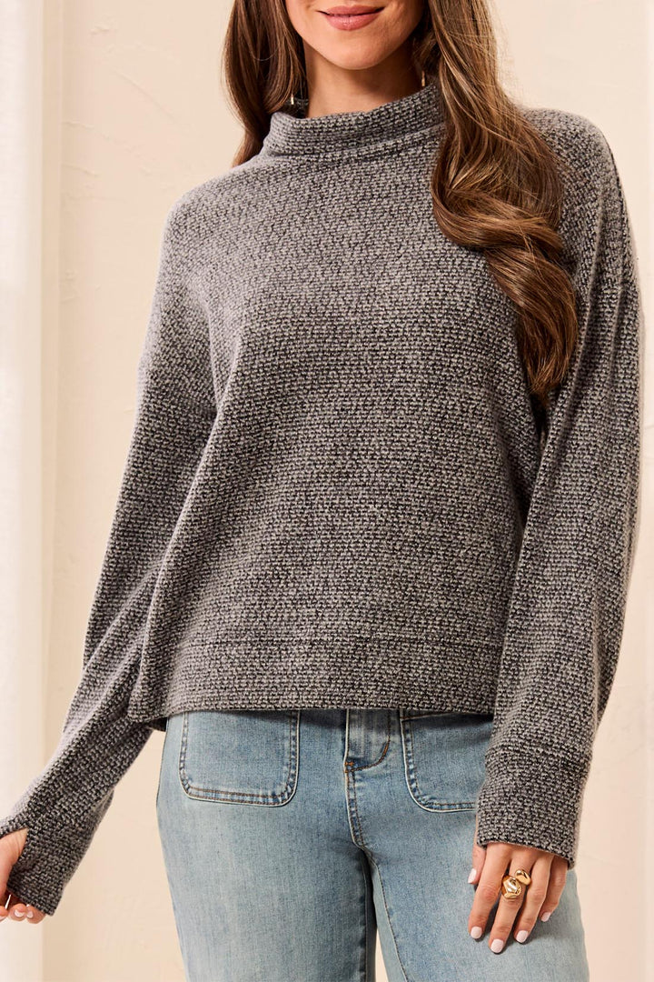 CHARCOAL COZY KNIT FUNNEL NECK TOP