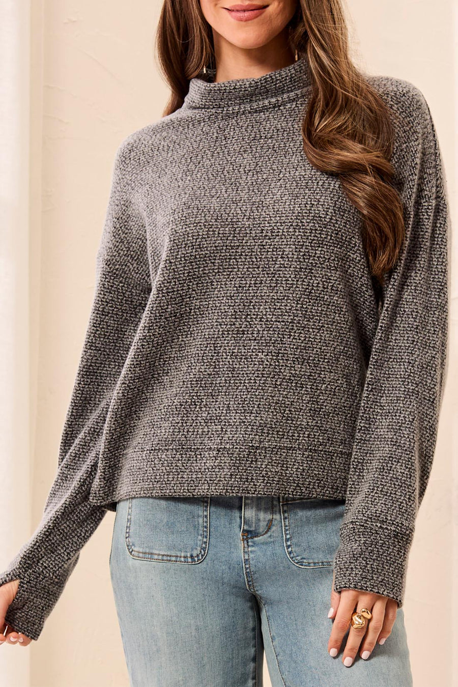 CHARCOAL COZY KNIT FUNNEL NECK TOP
