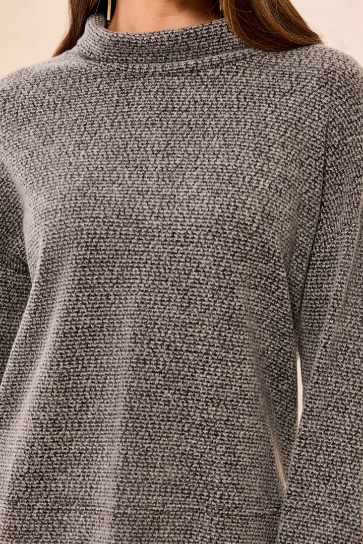 CHARCOAL COZY KNIT FUNNEL NECK TOP