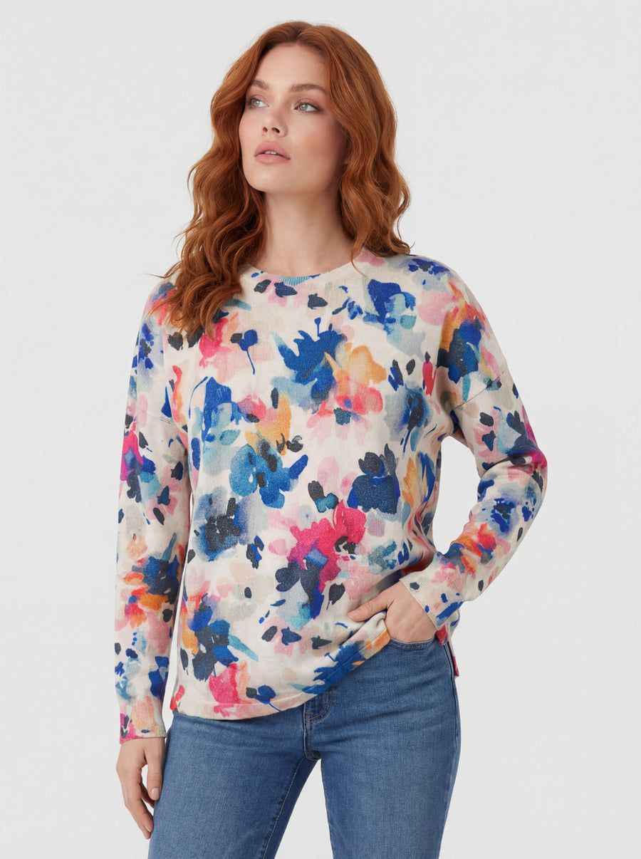 SUSAN WATER COLOR FLORAL KNIT SWEATER
