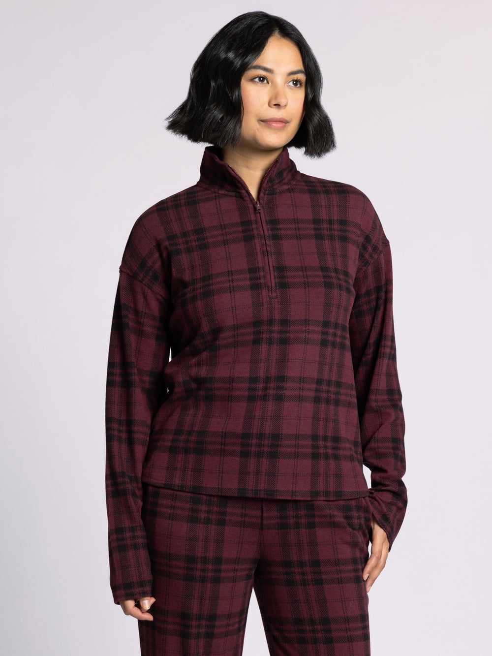 AMANI BURGUNDY PLAID 1/4 ZIP PULLOVER
