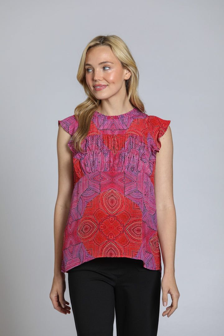 RED RASPBERRY FLUTTER SLEEVE PRINT TOP