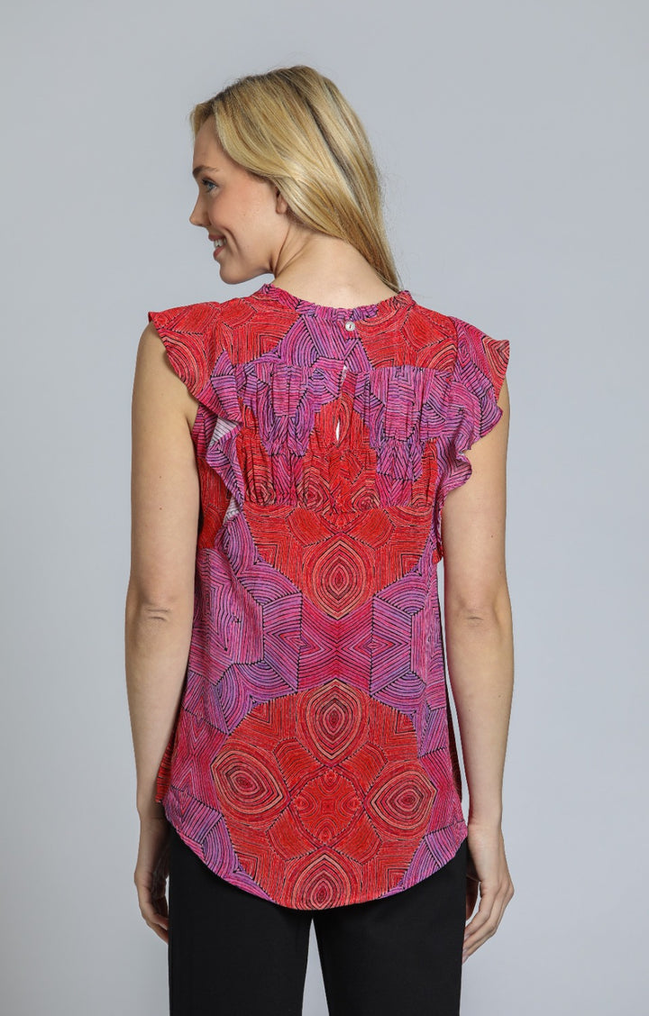RED RASPBERRY FLUTTER SLEEVE PRINT TOP