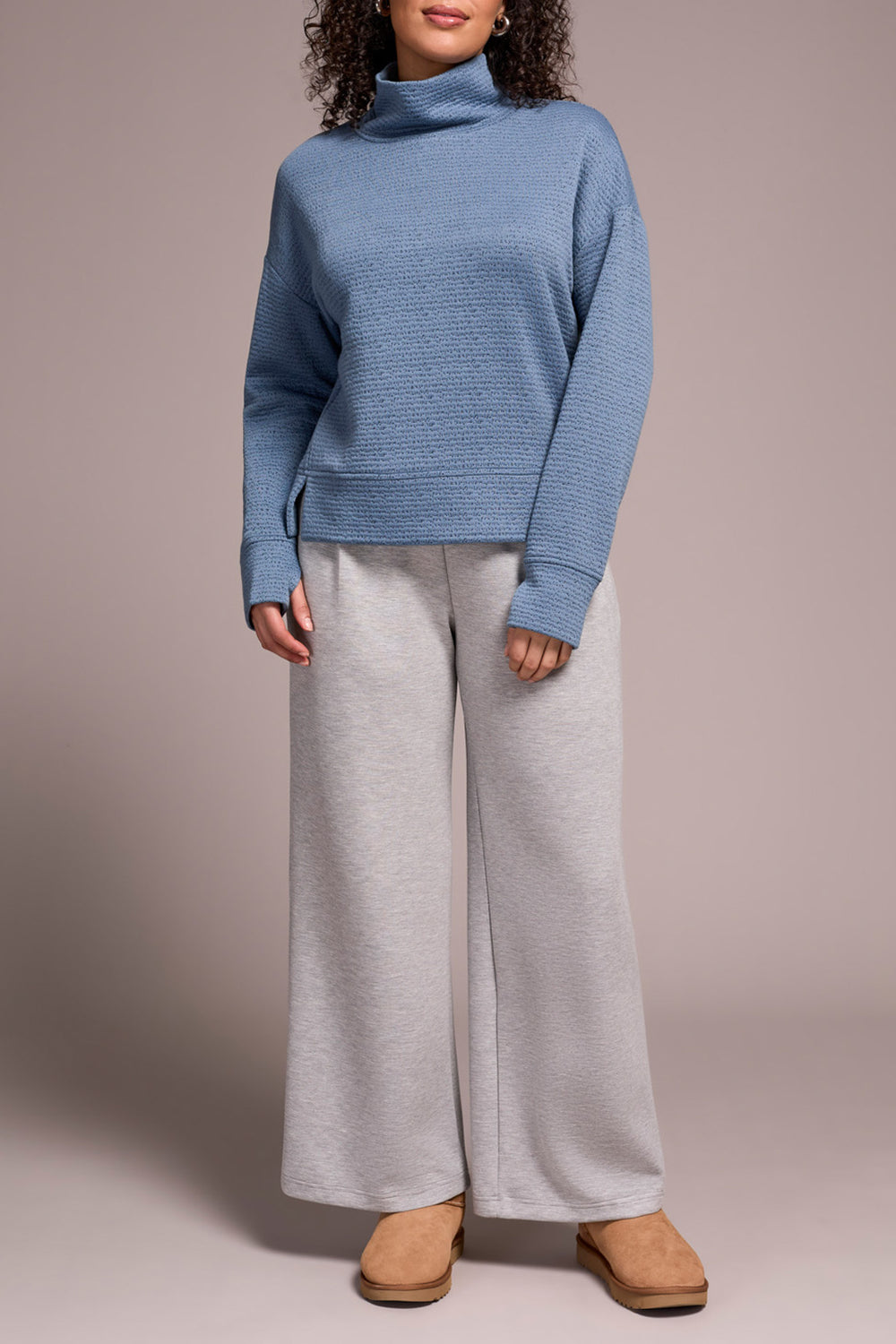 SLATE BLUE TEXTURED FUNNEL NECK TOP
