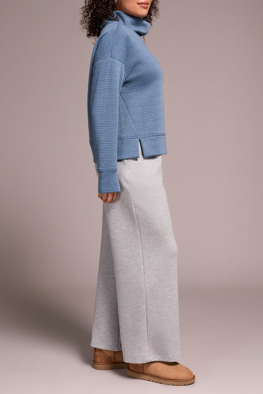 SLATE BLUE TEXTURED FUNNEL NECK TOP
