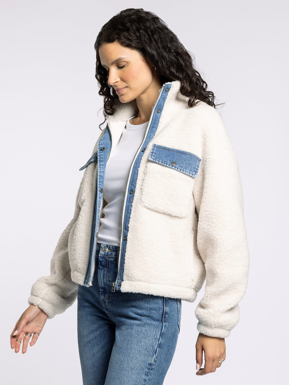 LEONA DENIM TRIM SHERPA FLEECE JACKET
