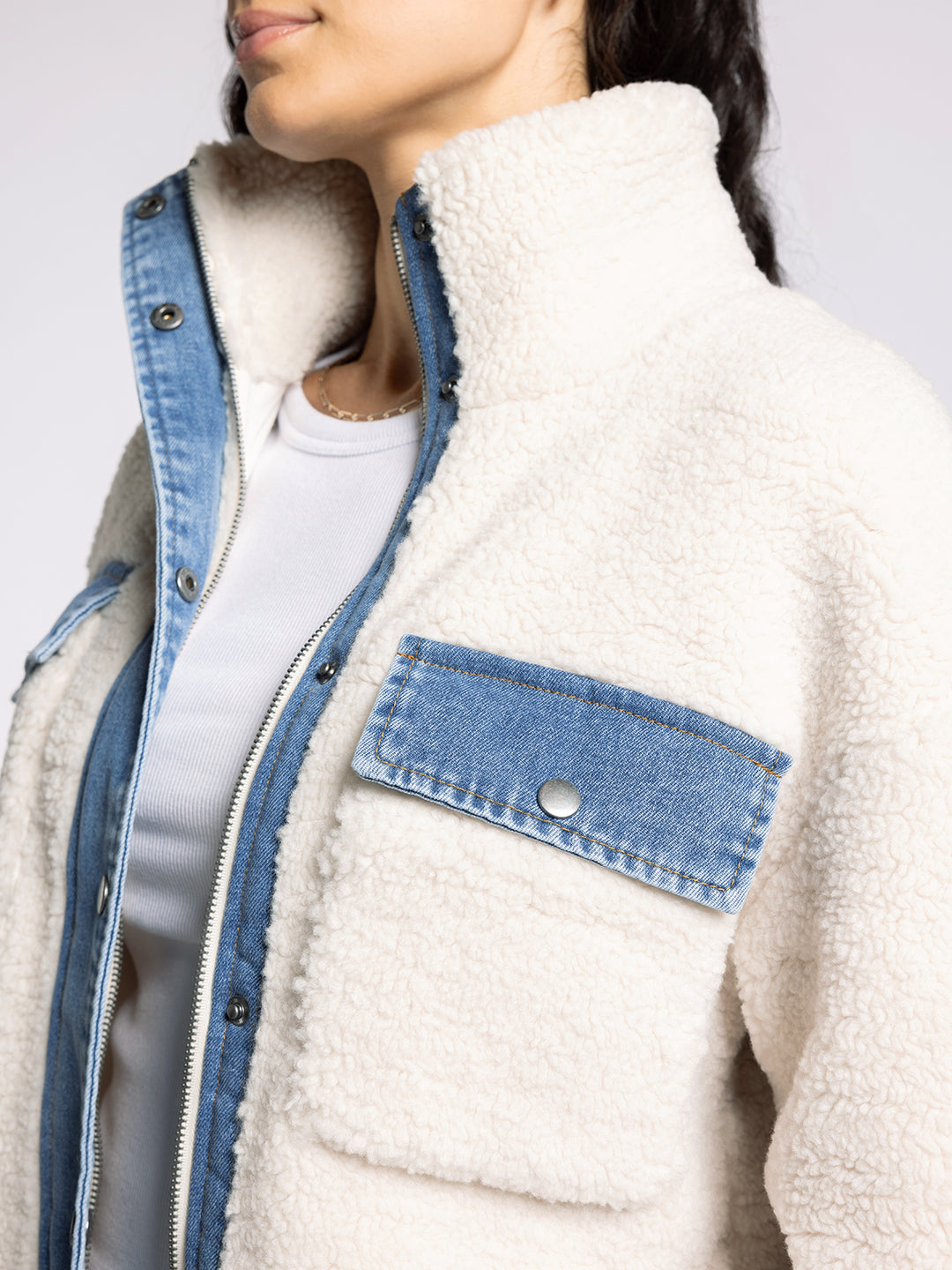 LEONA DENIM TRIM SHERPA FLEECE JACKET