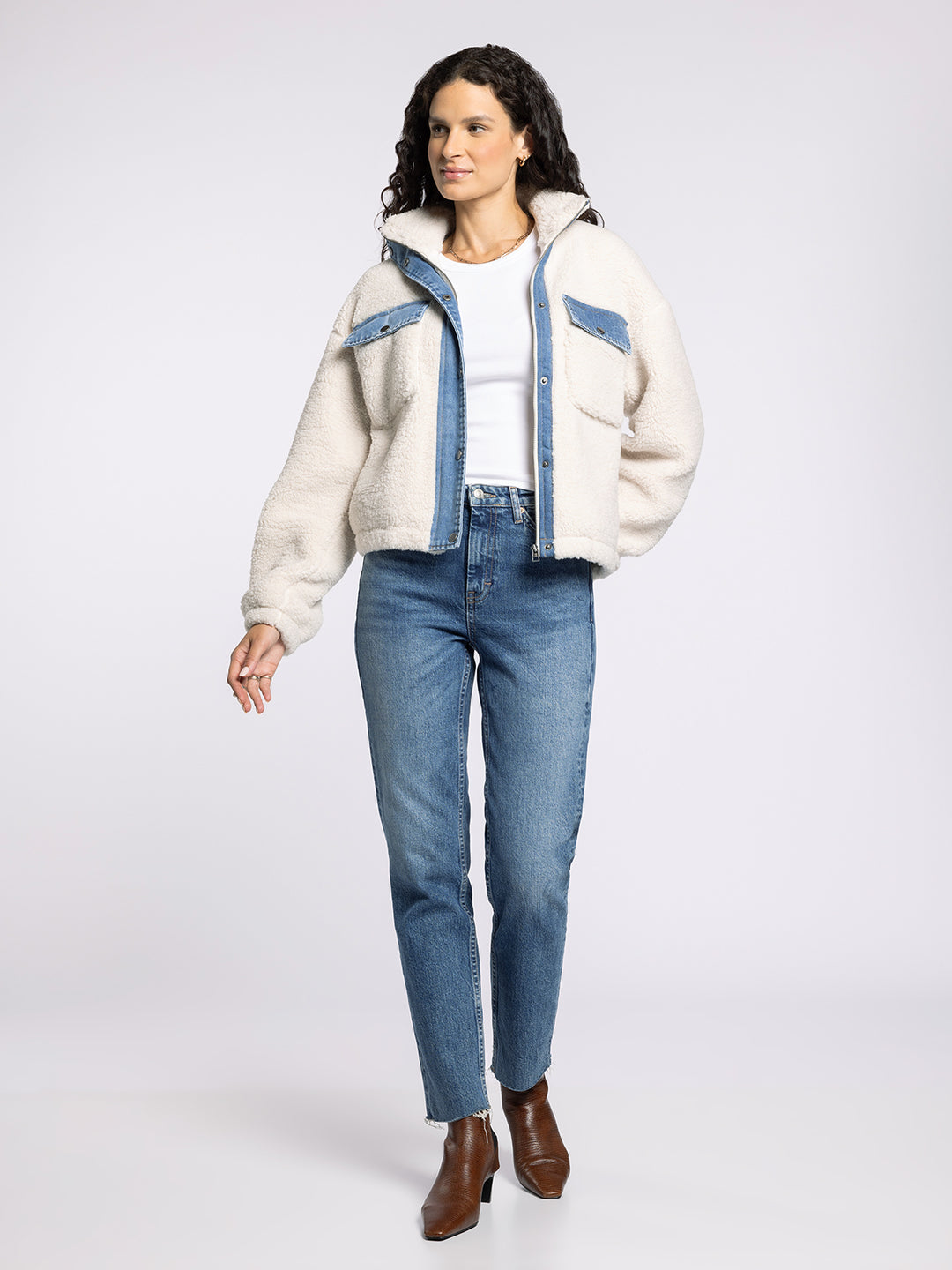 LEONA DENIM TRIM SHERPA FLEECE JACKET