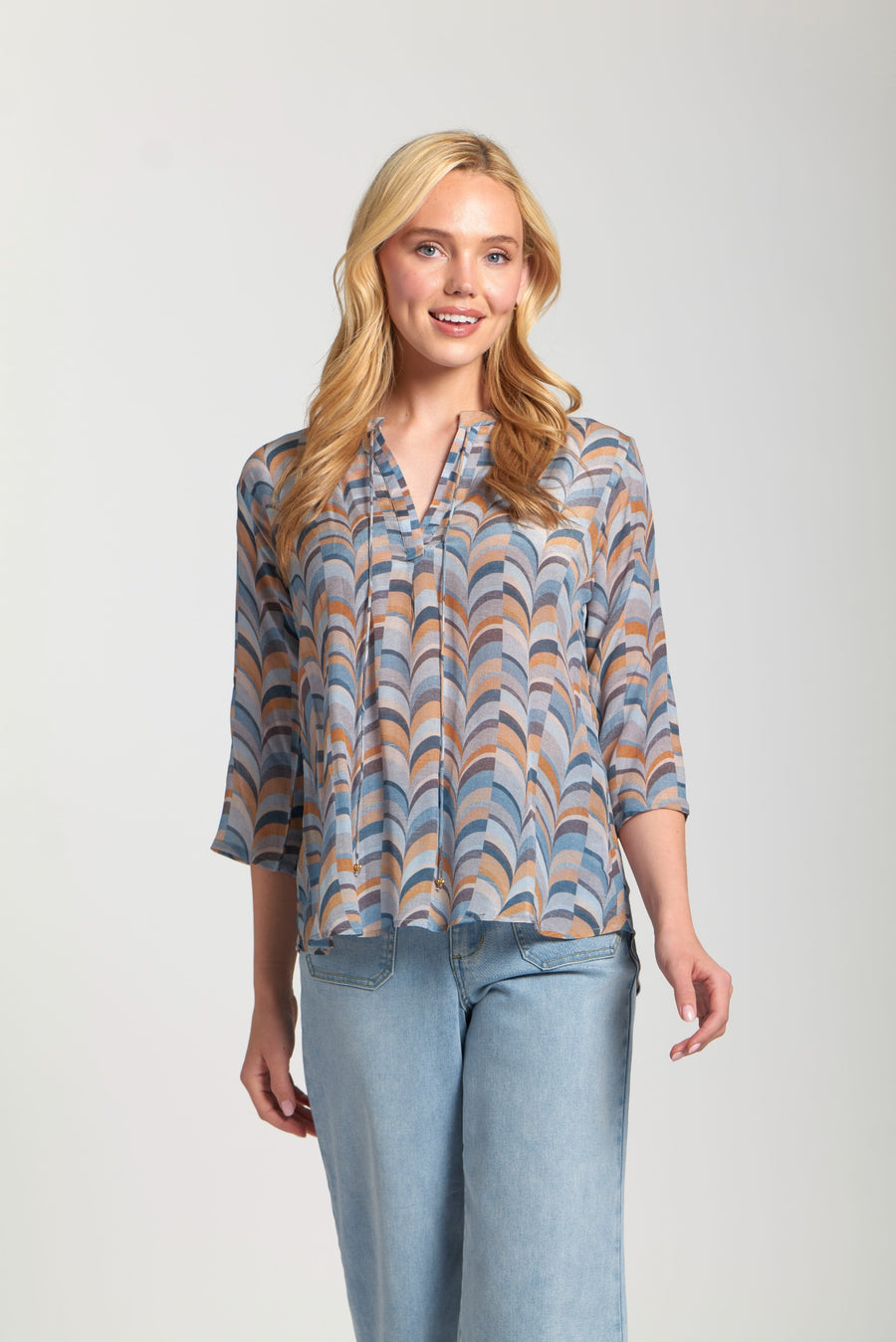 STEEL BLUE PRINT 3/4 SLEEVE BLOUSE
