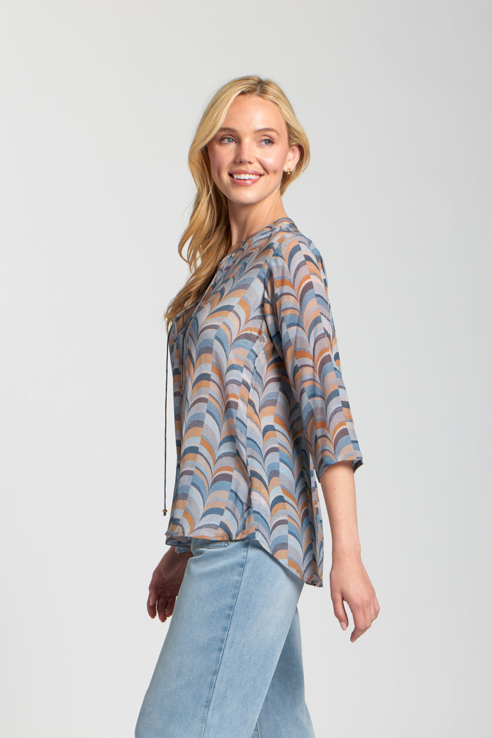 STEEL BLUE PRINT 3/4 SLEEVE BLOUSE
