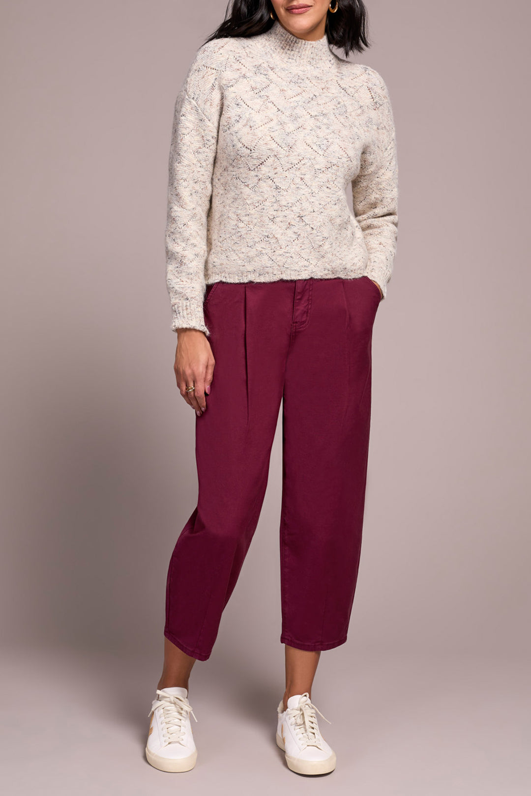 CREAM MARLED MOCK NECK SWEATER