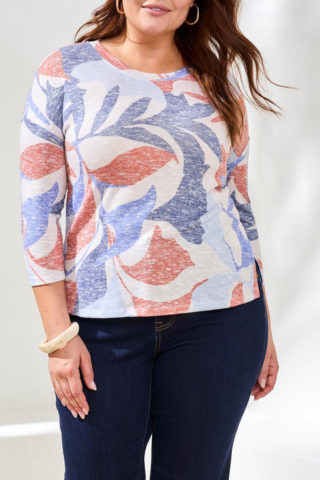 SKY BLUE LEAF PRINT 3/4 SLEEVE TOP