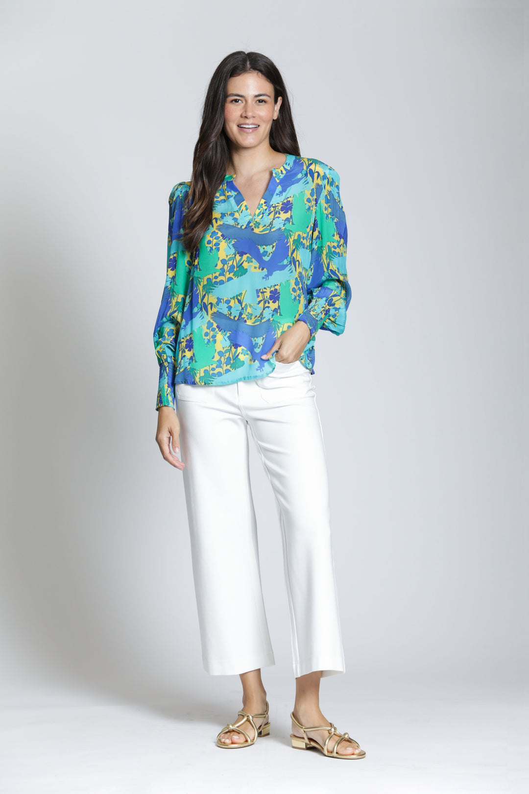 TURQUOISE MULTI SPLIT V-NECK BLOUSE