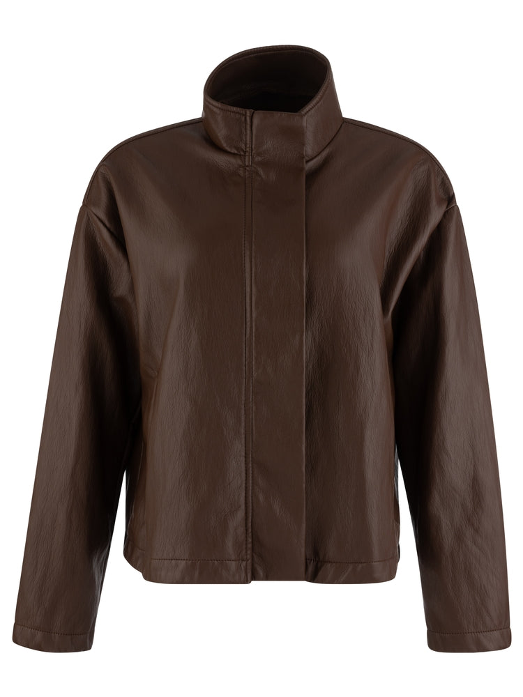 WREN CHOCOLATE DROP SHOULDER PU LEATHER HIGH COLLAR JACKET
