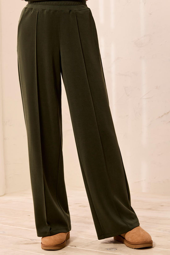 CEDAR GREEN PINTUCK WIDE LEG KNIT PANTS