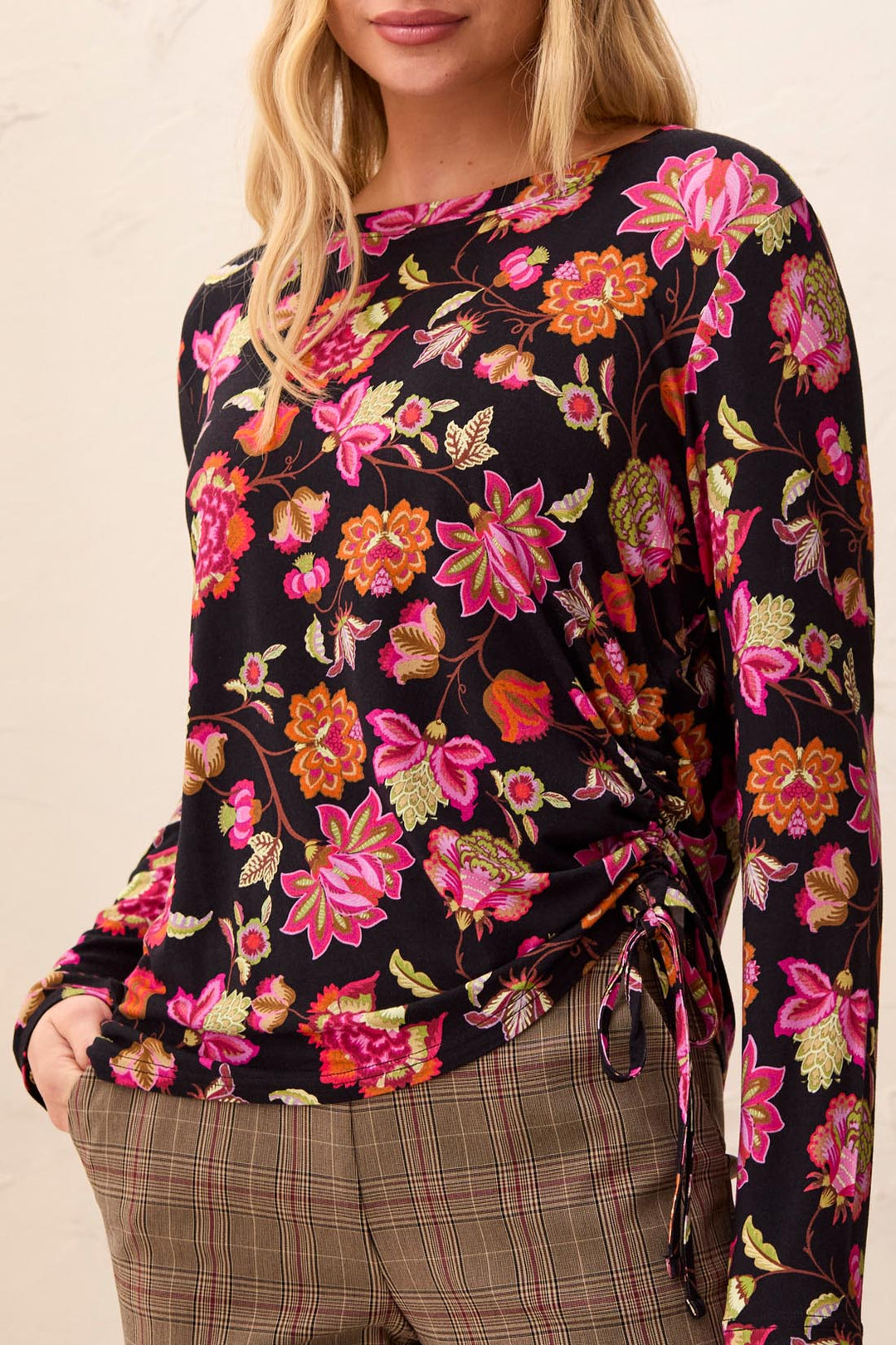 MULBERRY BAROQUE FLORAL TOP WITH SIDE RUCHING