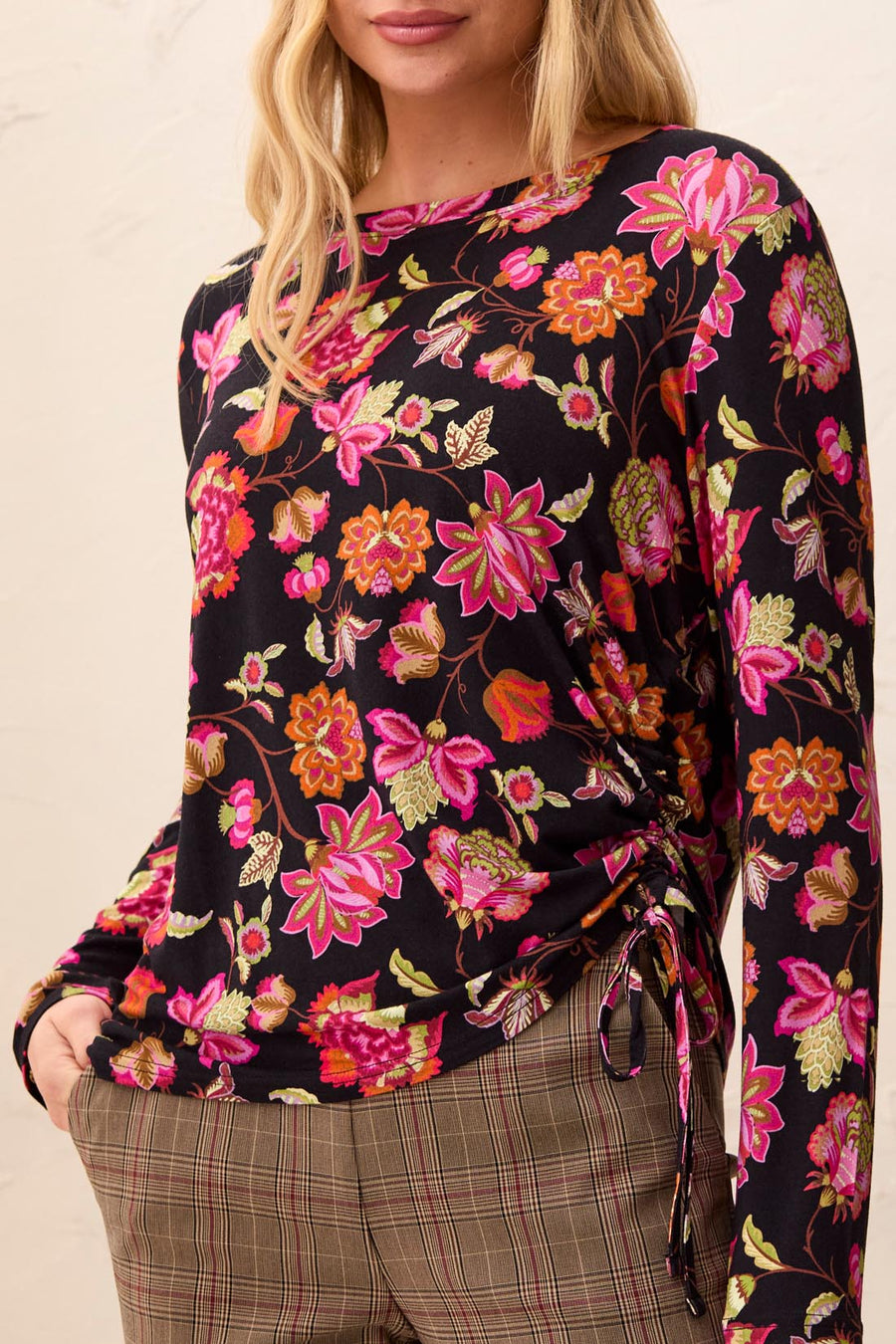MULBERRY BAROQUE FLORAL TOP WITH SIDE RUCHING
