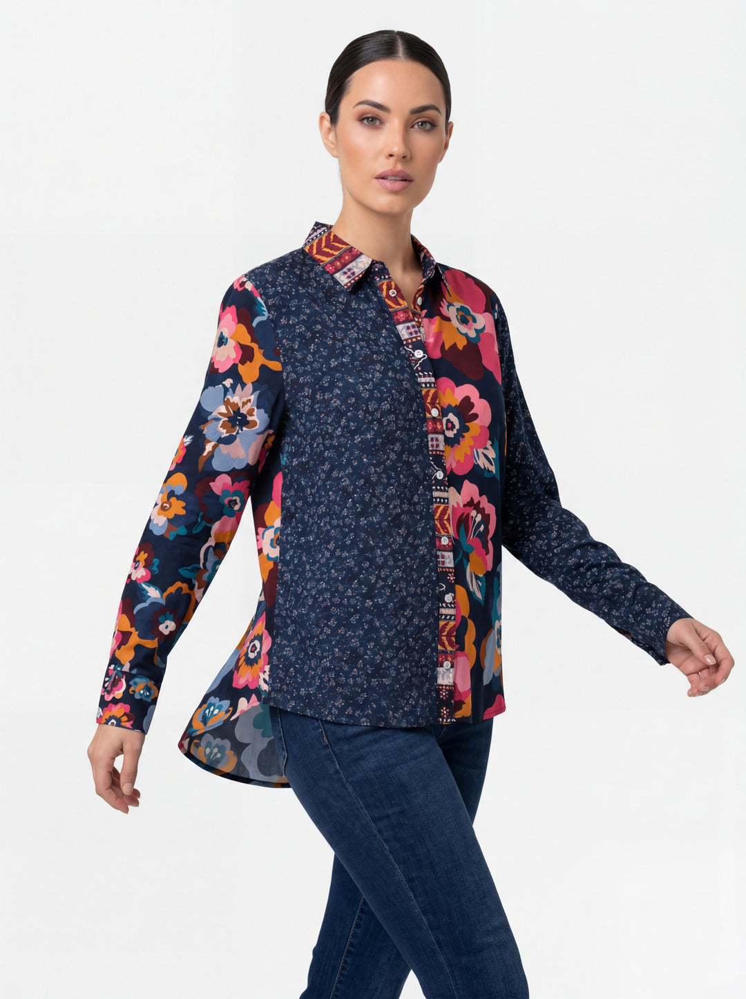 BLAIR NAVY FLORAL MIXED MEDIA BLOUSE