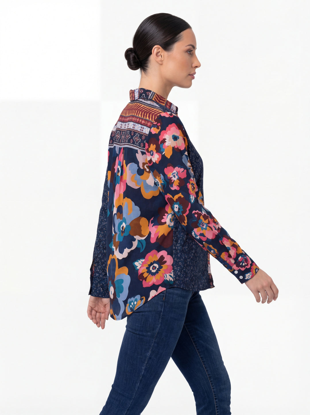 BLAIR NAVY FLORAL MIXED MEDIA BLOUSE
