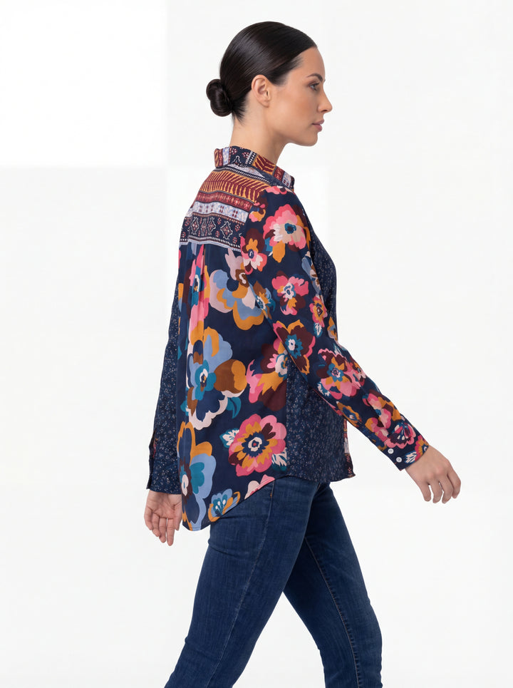 BLAIR NAVY FLORAL MIXED MEDIA BLOUSE