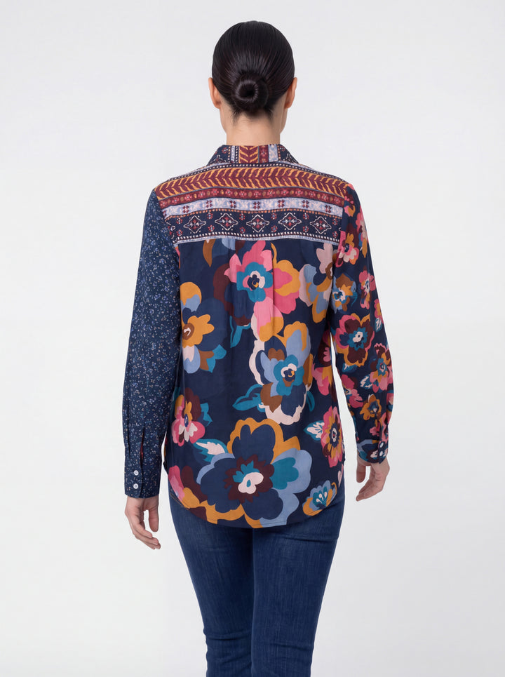 BLAIR NAVY FLORAL MIXED MEDIA BLOUSE