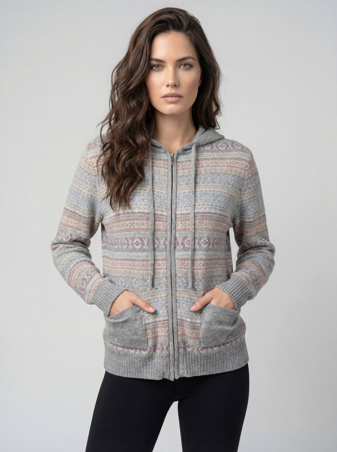 MONA HEATHER GREY FAIRISLE HOODED ZIP UP CARDIGAN