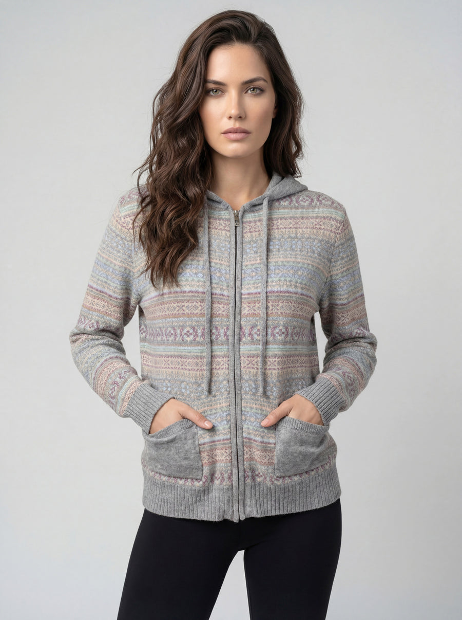 MONA HEATHER GREY FAIRISLE HOODED ZIP UP CARDIGAN
