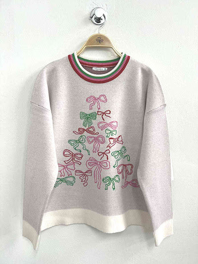 IVORY CHRISTMAS BOWS JACQUARD SWEATER