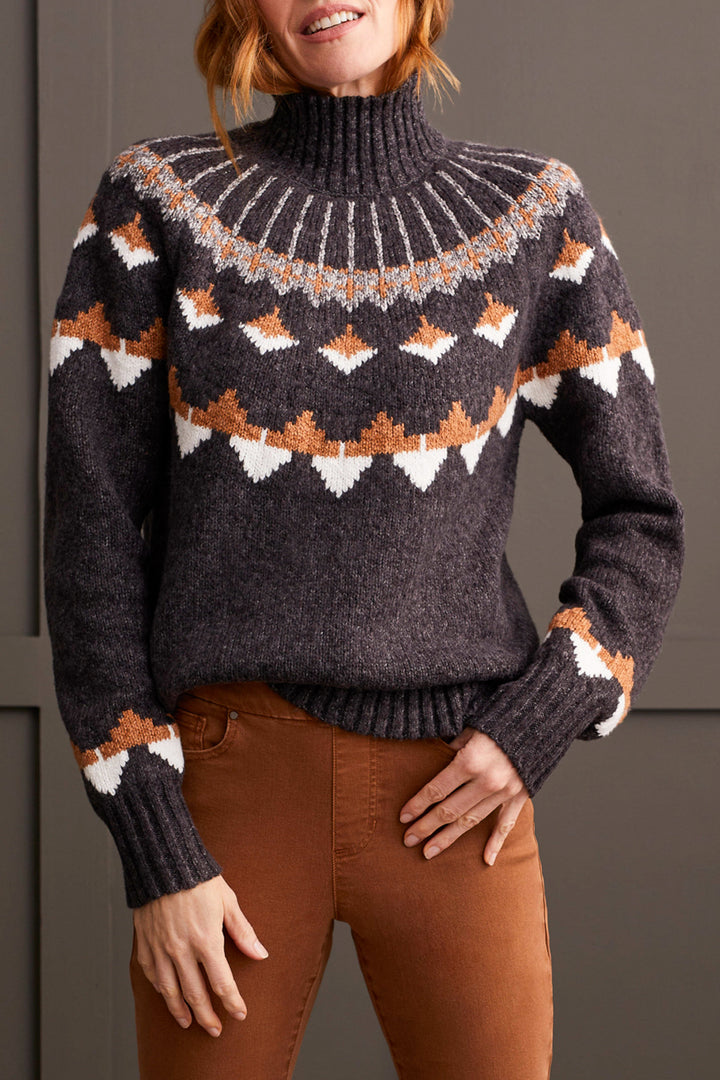 WALNUT INTARSIA MOCK NECK SWEATER