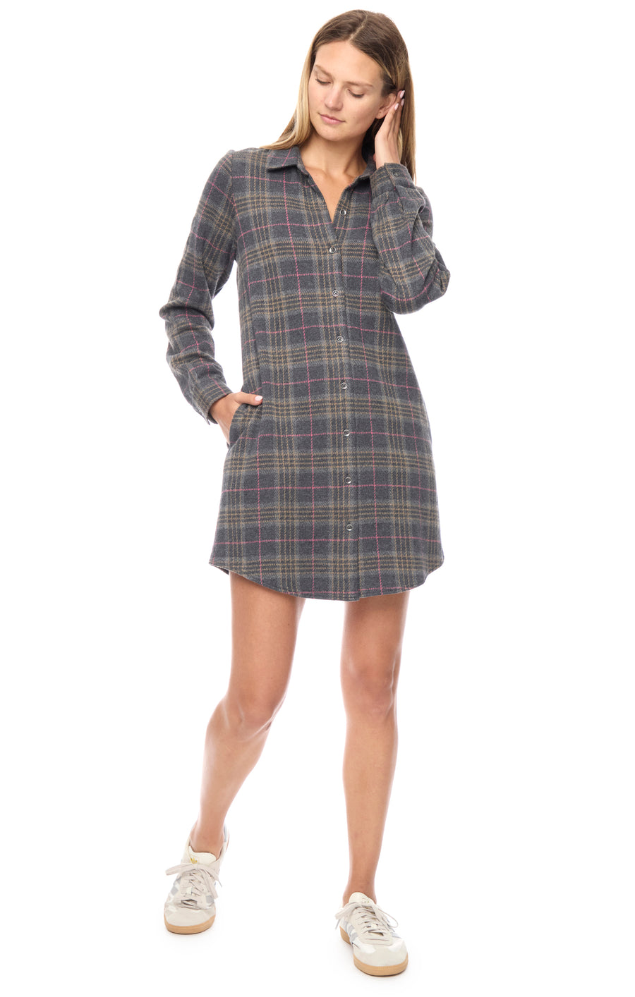 LYNDEN CHARCOAL FLANNEL KNIT SHIRT DRESS
