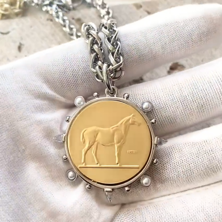 MIXED METAL EQUESTRIAN COIN PENDANT NECKLACE