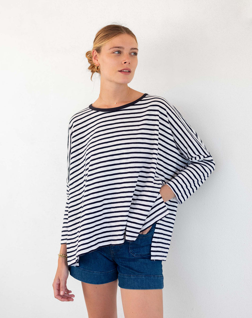 CATALINA WHITE & NAVY RINGER SLUB TEE
