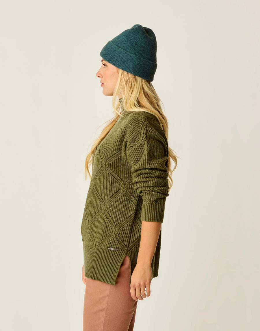 FIR HEATHER WOODWARD ALLOVER STITCH SWEATER
