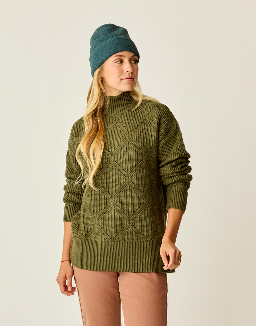 FIR HEATHER WOODWARD ALLOVER STITCH SWEATER

